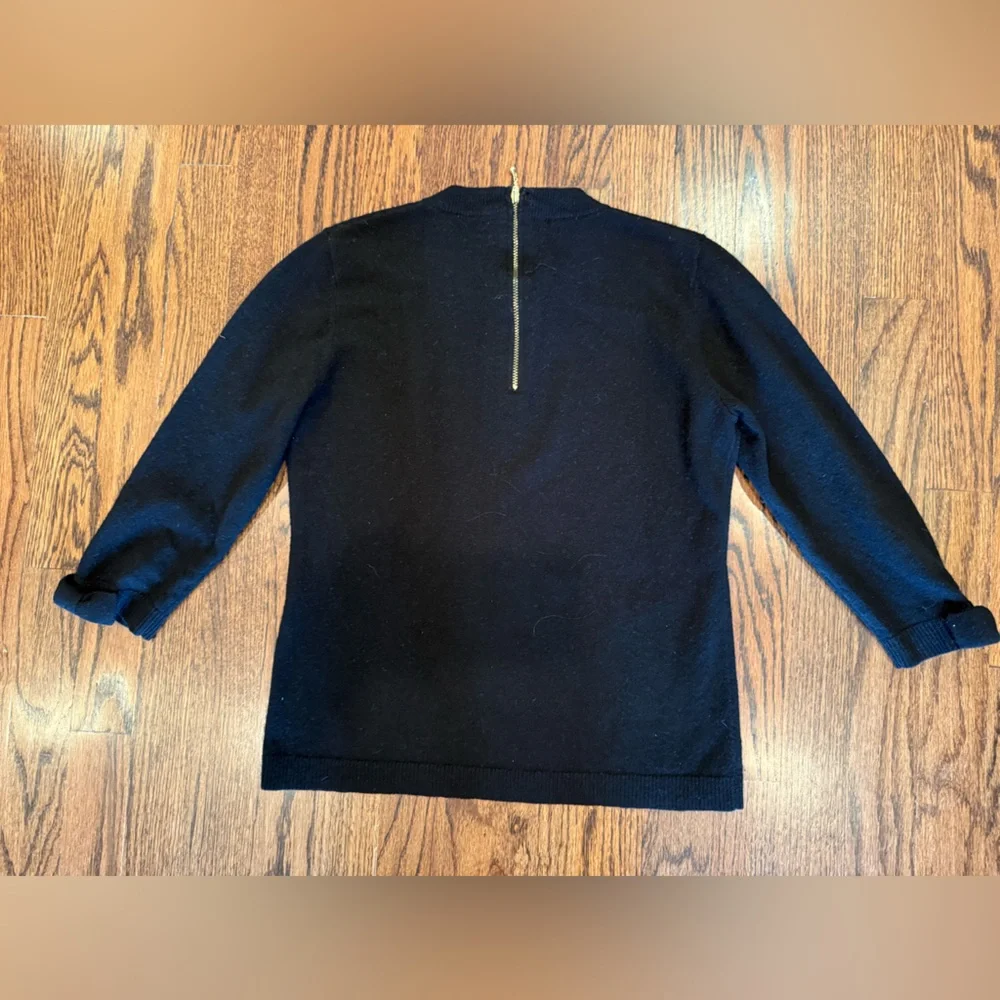 Kate Spade Black Crew Neck Wool Blend Sweater Size Small Bow Cuff Detail‎ Zipper